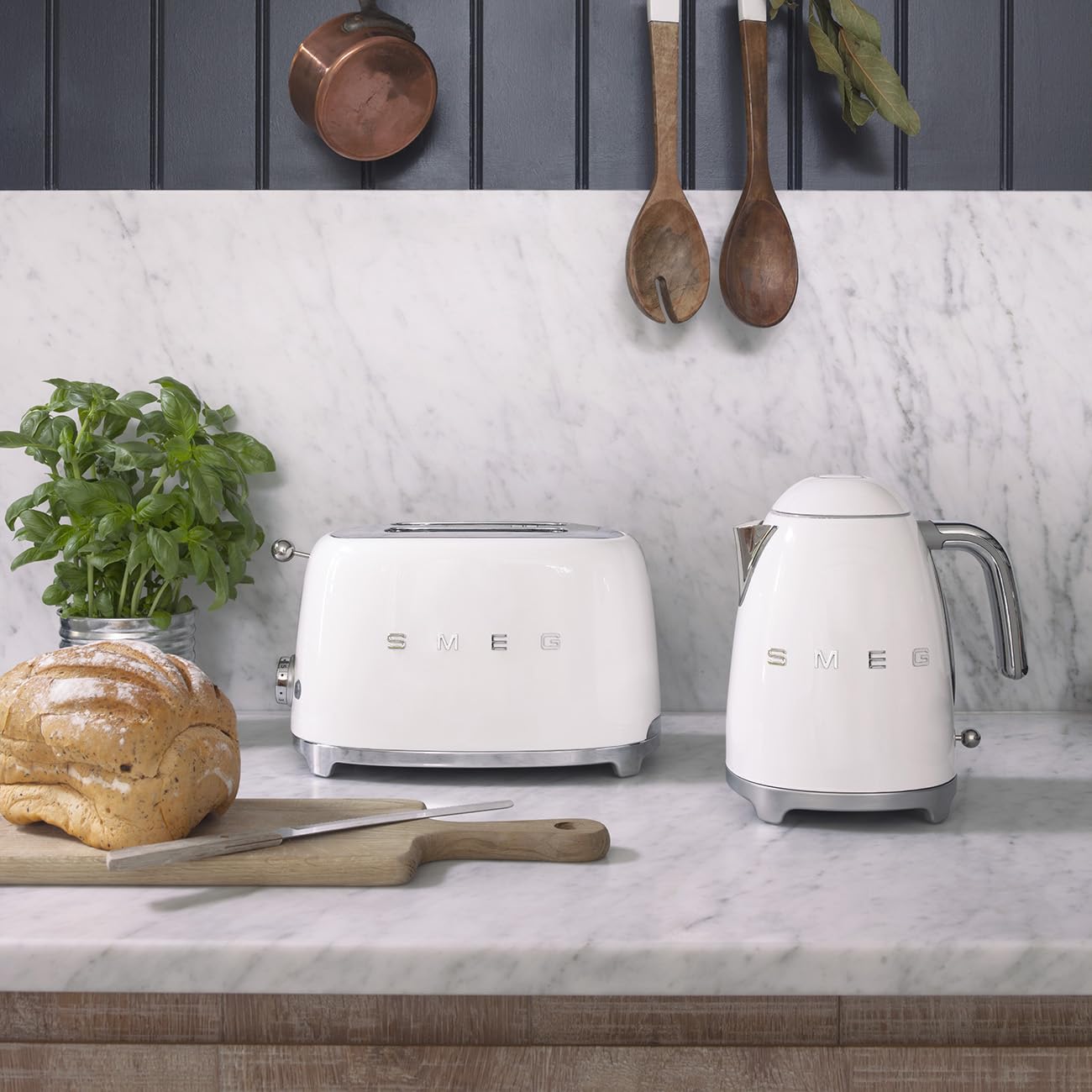 Smeg KLF03WHUK 1.7Ltr - 3kw Kettle and TSF01WHUK 2 Slice Toaster Set in White